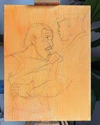 A large square canvas painting on an easel, featuring a pencil sketch of two men in a close, expressive pose. The canvas has a warm orange-yellow painted background with fine gray sketch lines.