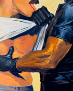 Close-up painted scene of two people embracing or being held from the mouth, rendered in expressive brushstrokes with black gloves, warm orange skin tones, white fabric, and dark navy clothing.