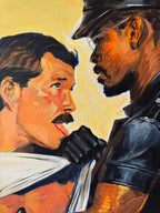 An expressive oil painting depicting a close-up confrontation between a man with a mustache and a police officer in black uniform, rendered in warm yellow, orange, brown, and black tones.