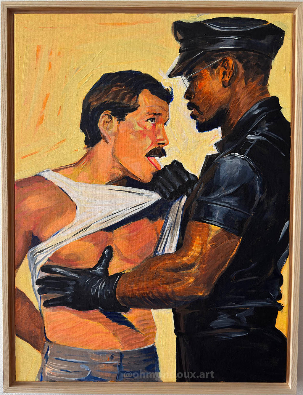A framed painting depicting a shirtless man with a mustache being restrained by a police officer, shown against a yellow background. The artwork is housed in a light wood frame and mounted on a neutral wall.