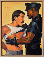 A framed painting depicting a shirtless man with a mustache being restrained by a police officer, shown against a yellow background. The artwork is housed in a light wood frame and mounted on a neutral wall.