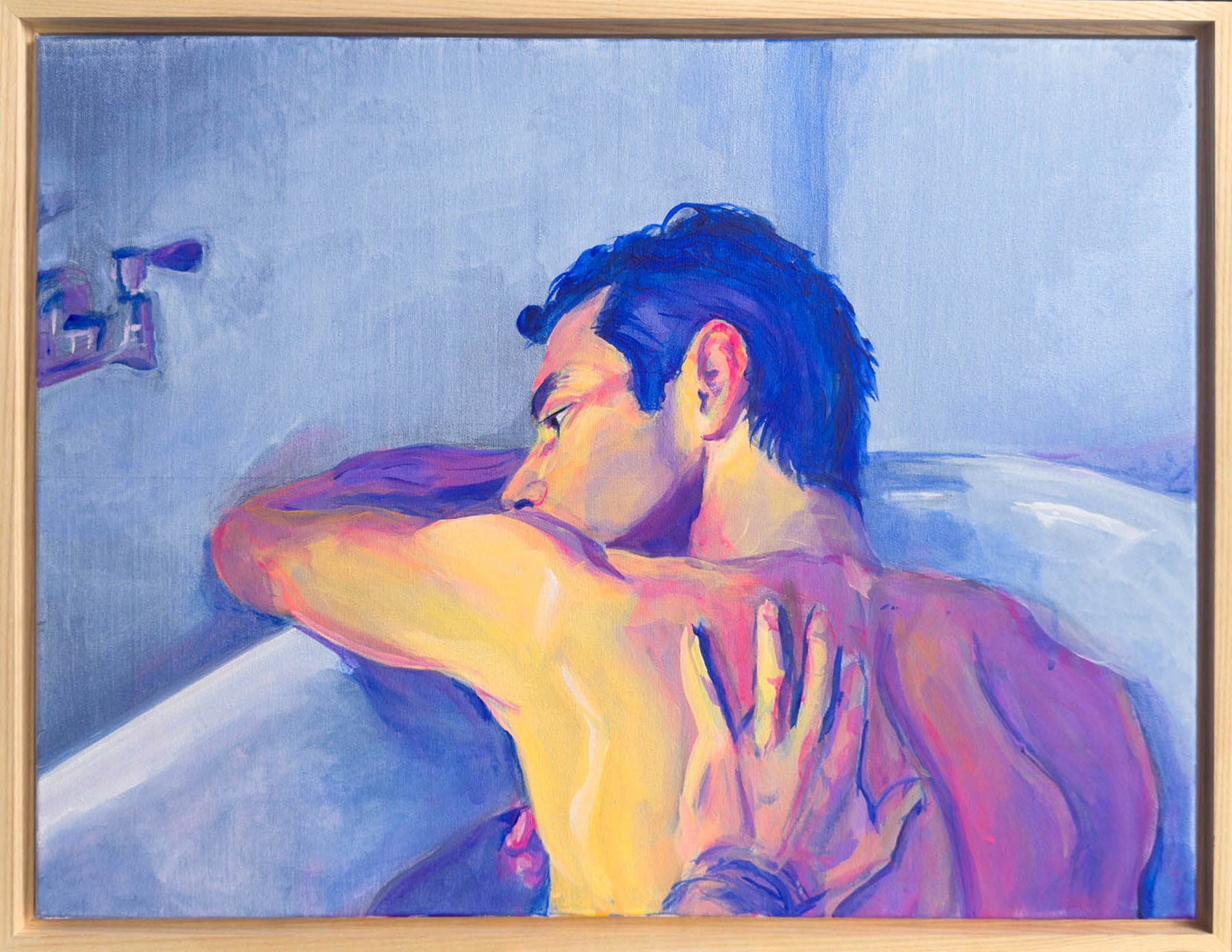 A framed painting depicting a shirtless man in profile sitting in a bathtub, rendered in expressive brushstrokes of blue, purple, pink, and yellow tones.