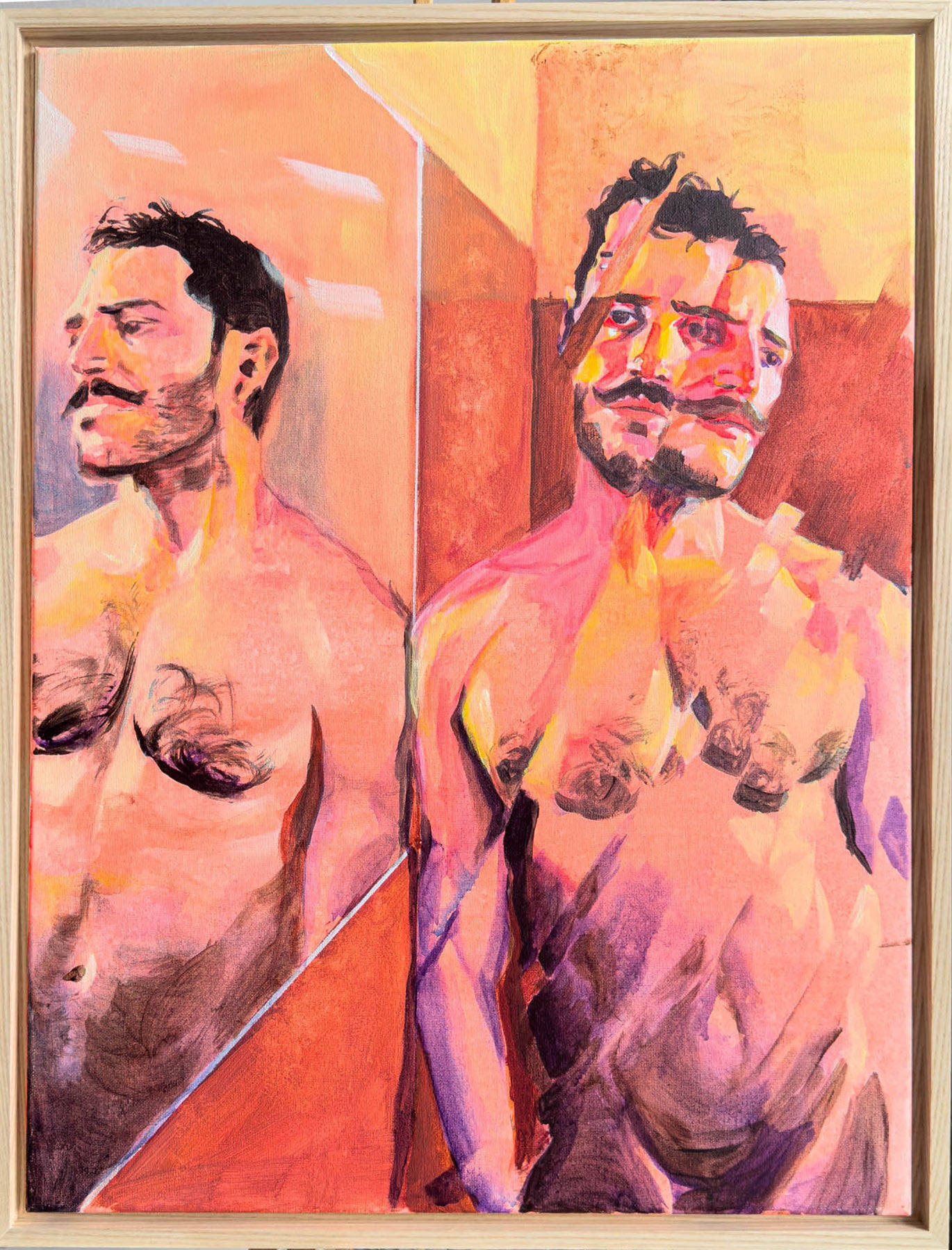 A framed painting depicting two stylized, color-blocked portraits of a shirtless man from the chest up, rendered in warm orange, pink, yellow, and purple tones.