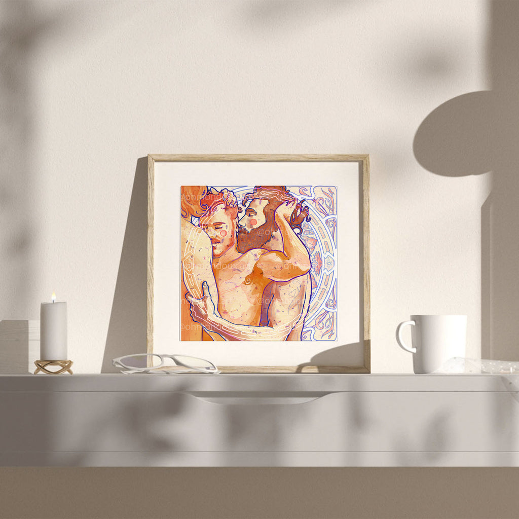 Romantic drawing of a new gay couple, celebrating fresh love and tenderness, gay art print, queer wall decor, minimalist line art.