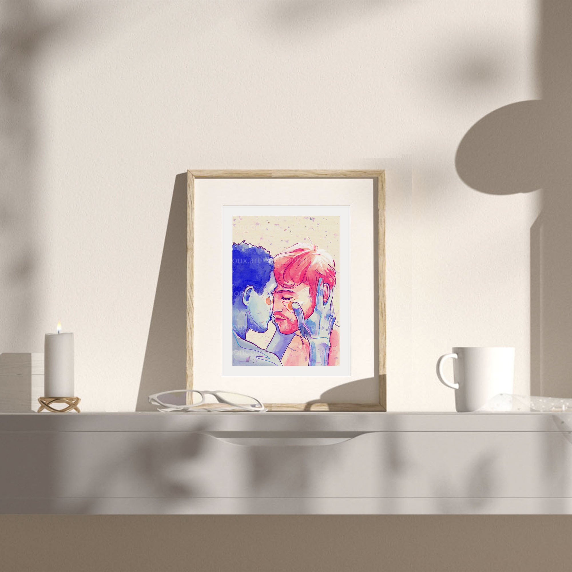 Dreamy and soft illustration of a male figure, ethereal queer art print, homoerotic wall decor, Oh Mon Doux original style.