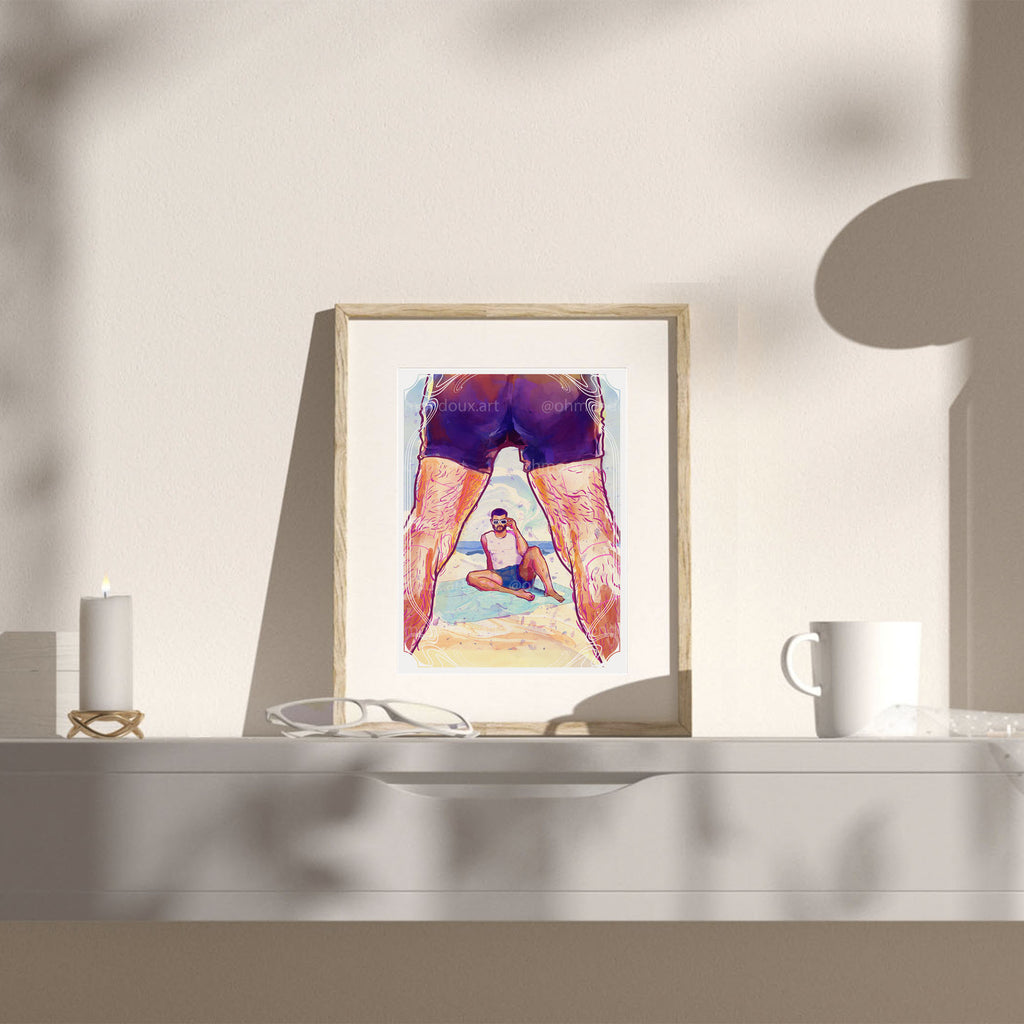 Relaxed male figure drawing at the beach, summer queer art, gay wall decor, minimalist homoerotic illustration.