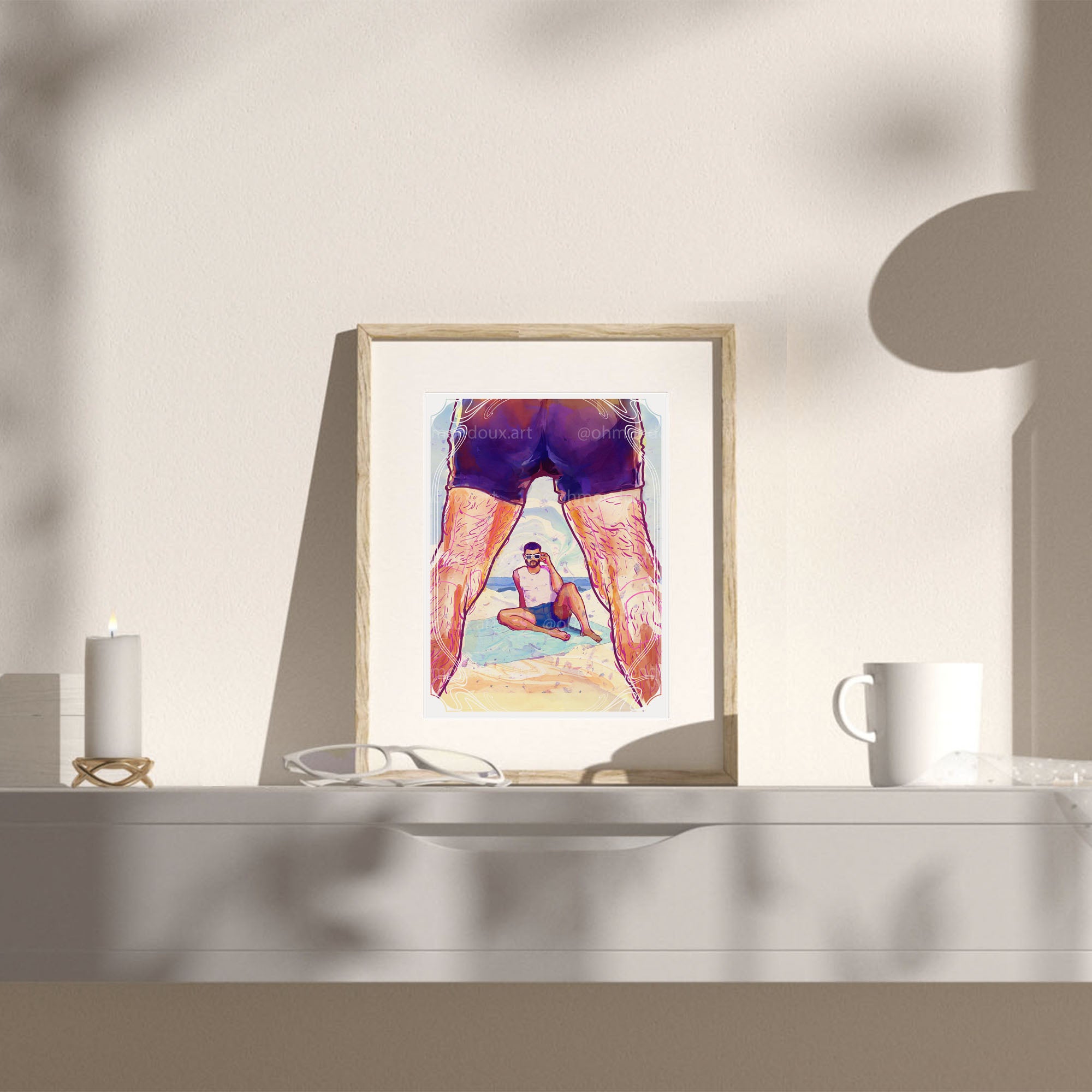 Relaxed male figure drawing at the beach, summer queer art, gay wall decor, minimalist homoerotic illustration.
