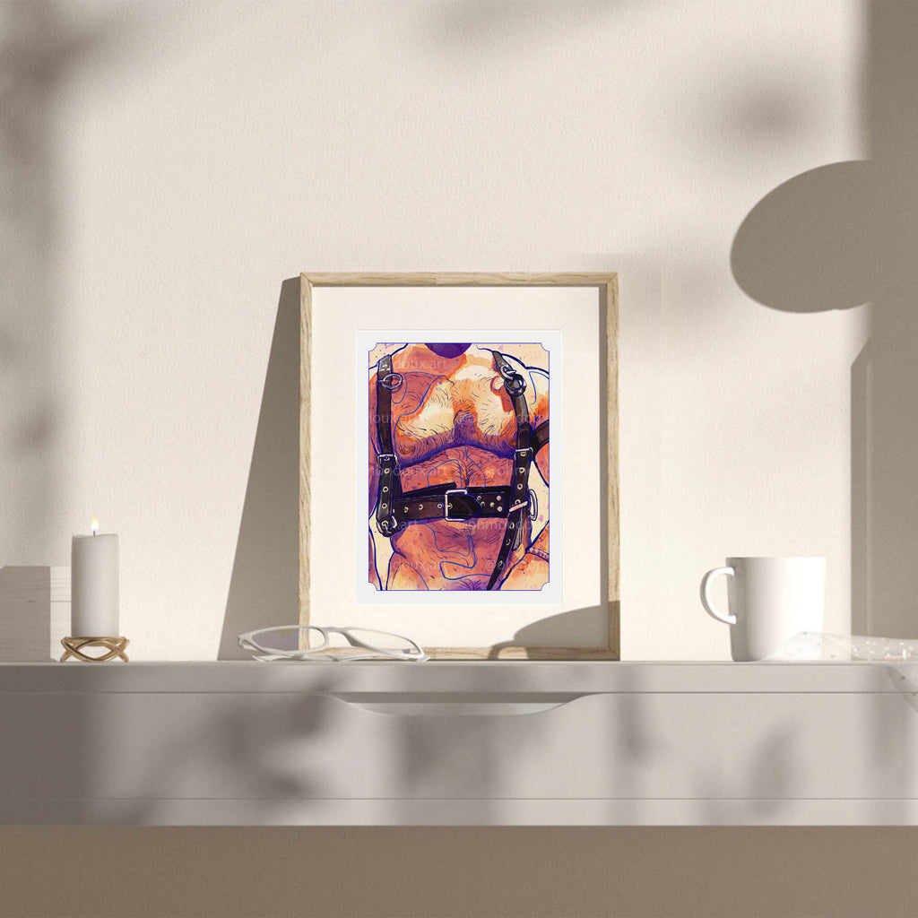 Drawing of two men, one leaning his head on the other's chest in a tender embrace. Intimate gay illustration, queer art print.