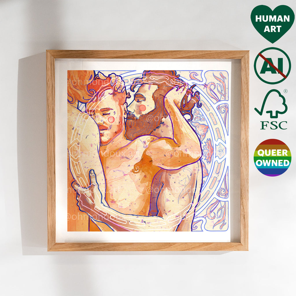 Romantic drawing of a new gay couple, celebrating fresh love and tenderness, gay art print, queer wall decor, minimalist line art.