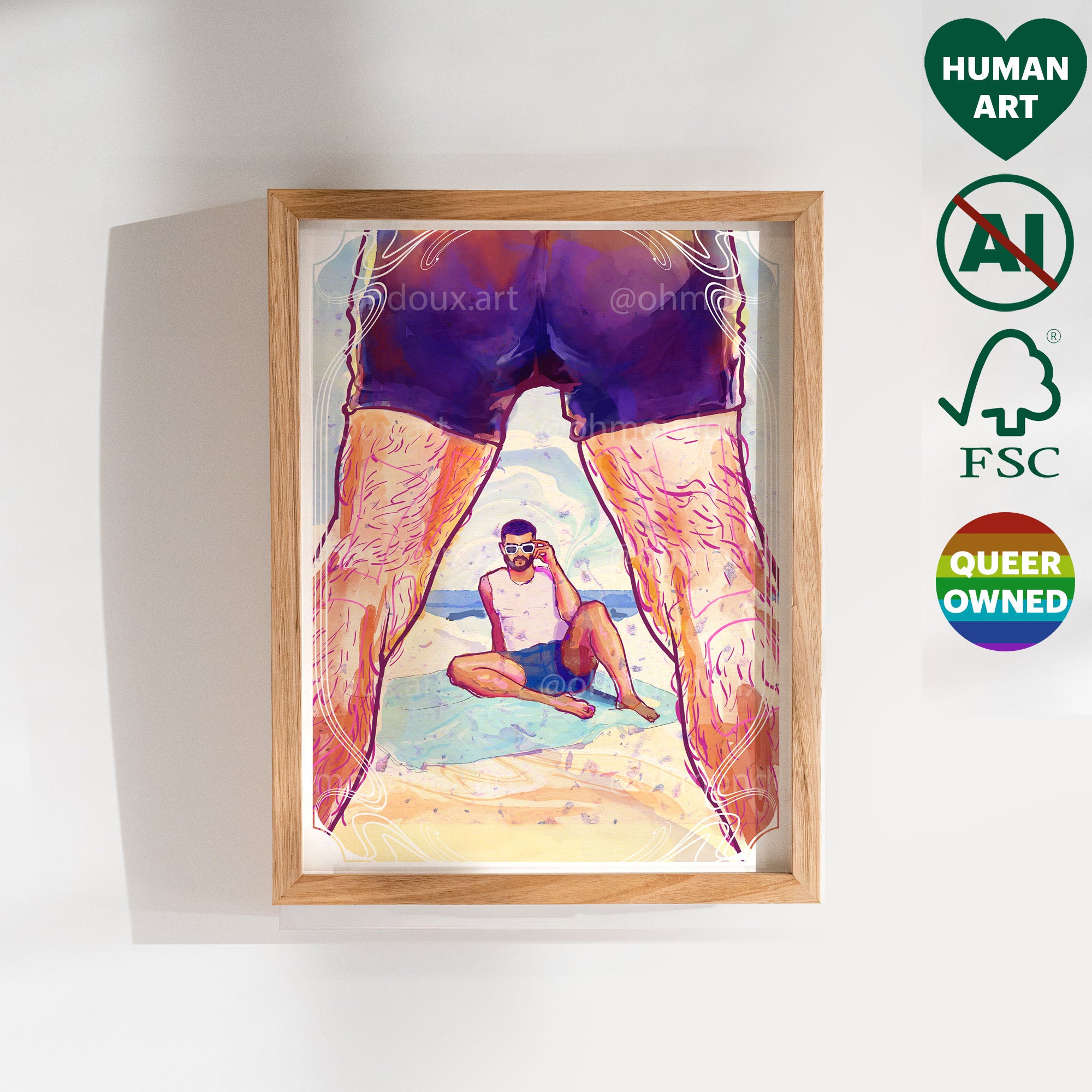 Relaxed male figure drawing at the beach, summer queer art, gay wall decor, minimalist homoerotic illustration.