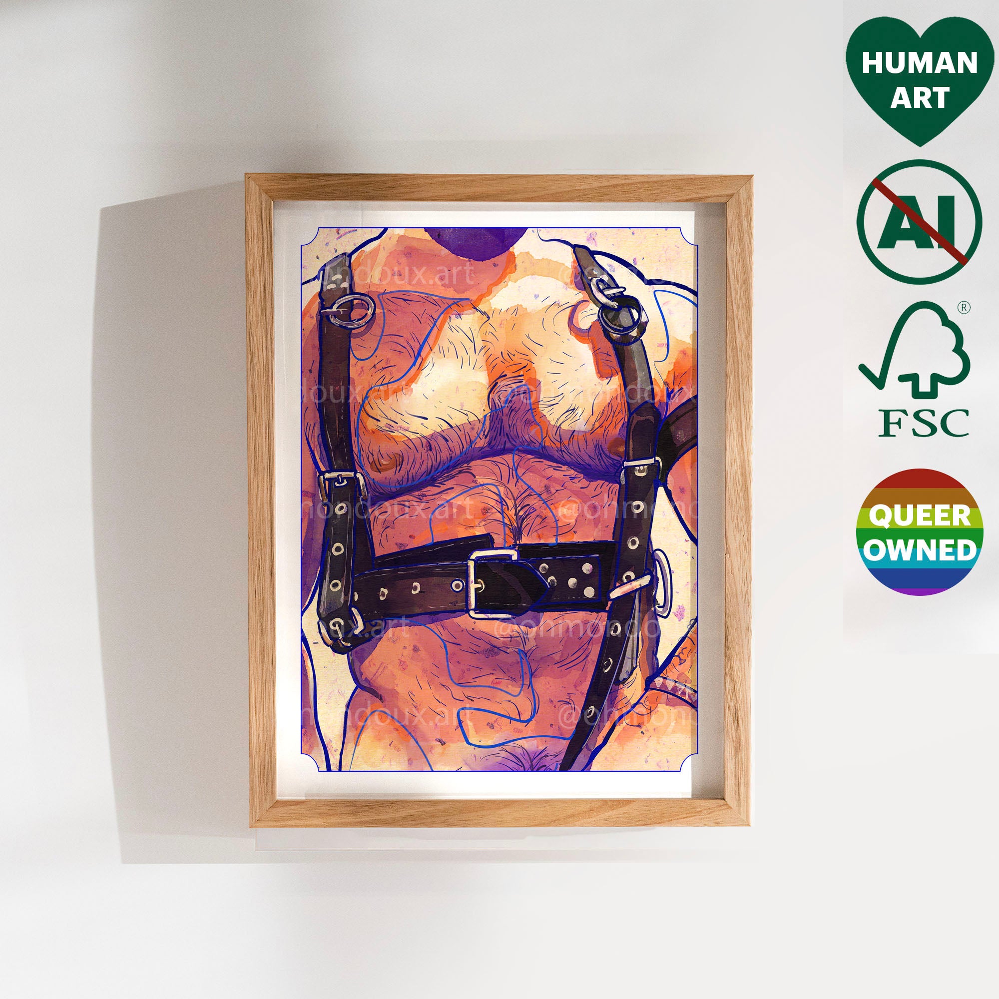 Drawing of two men, one leaning his head on the other's chest in a tender embrace. Intimate gay illustration, queer art print.