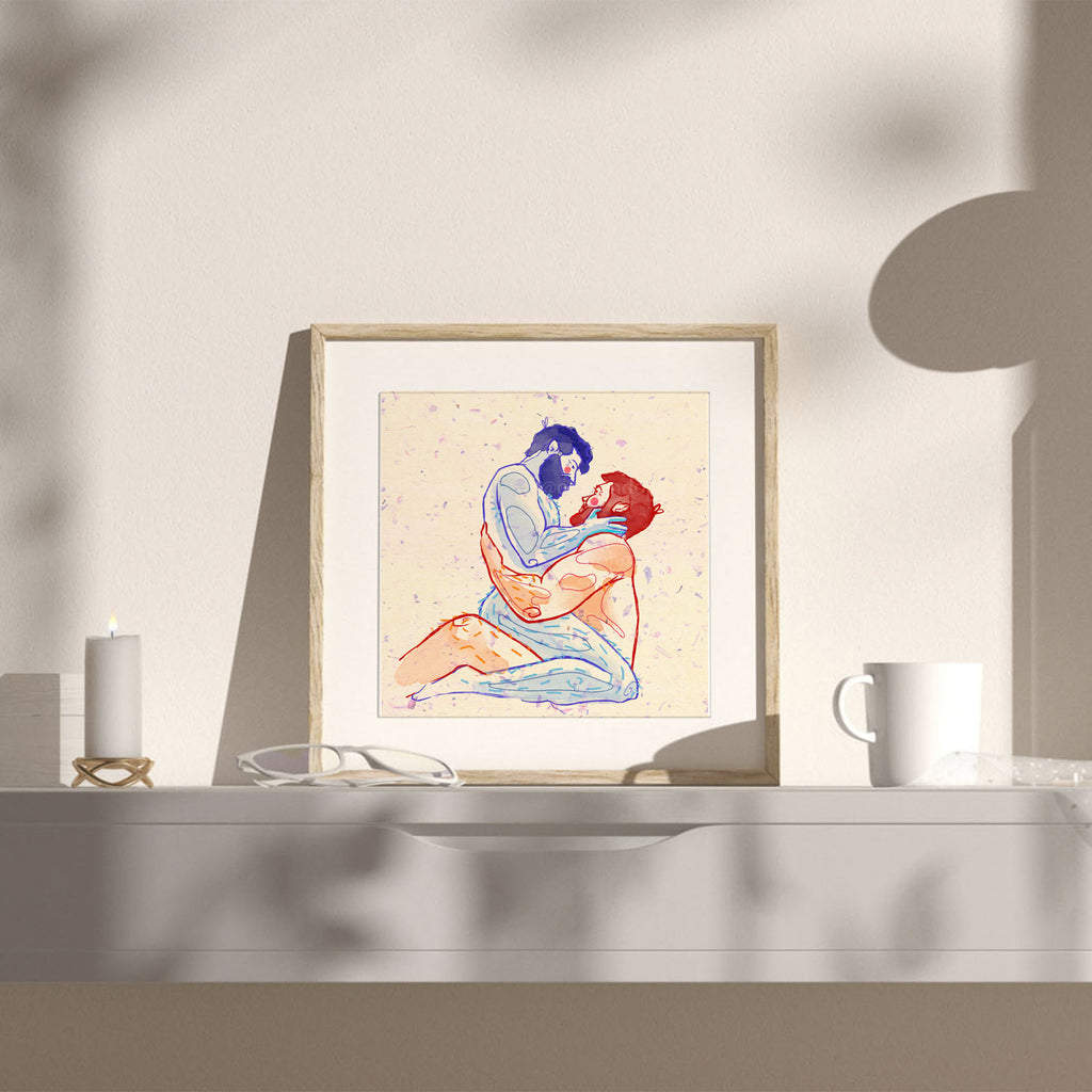 Illustration of two bearded men, one gently blowing in the other's eye. Masculine intimacy, gay art print, minimalist line art.