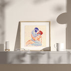 Illustration of two bearded men, one gently blowing in the other's eye. Masculine intimacy, gay art print, minimalist line art.