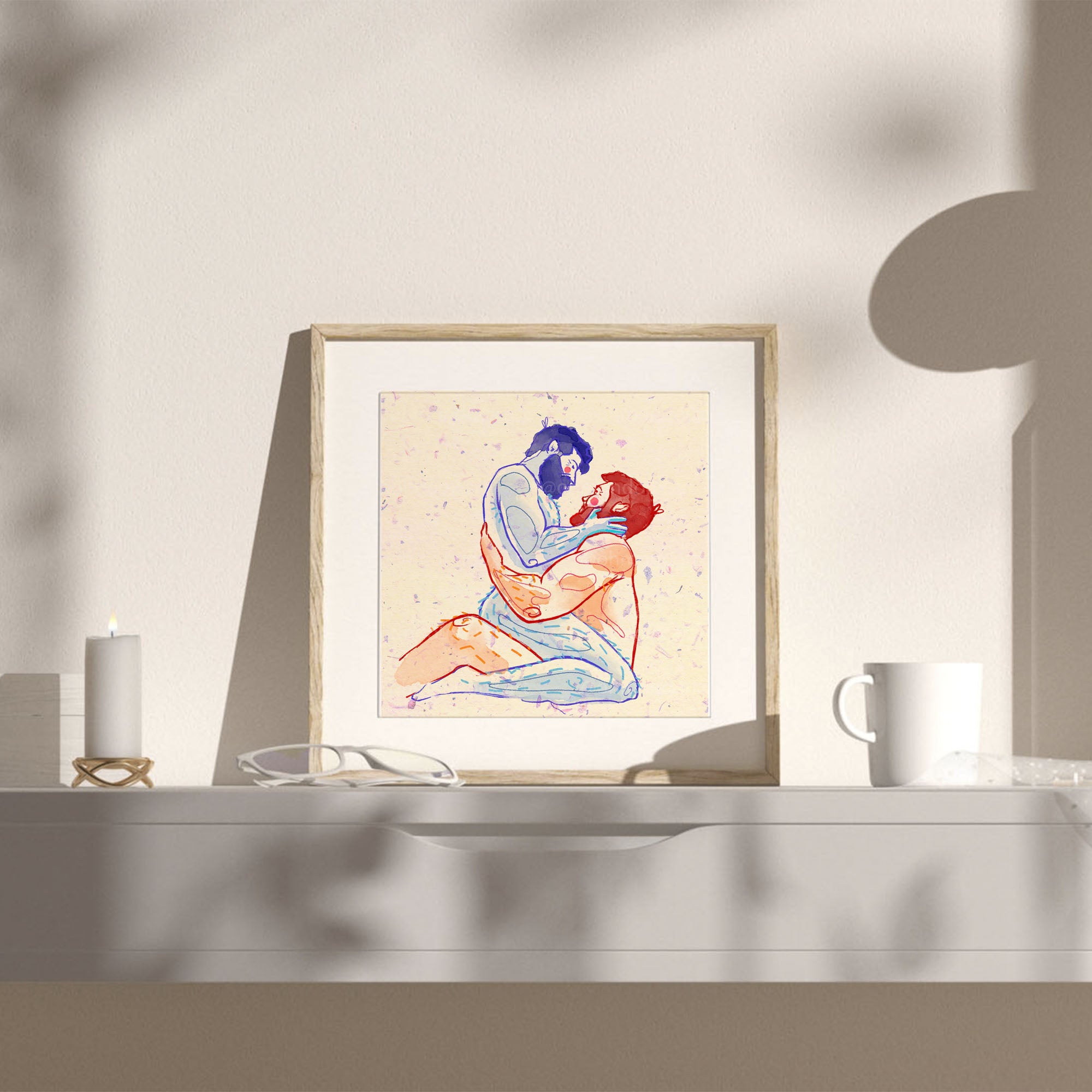 Illustration of two bearded men, one gently blowing in the other's eye. Masculine intimacy, gay art print, minimalist line art.