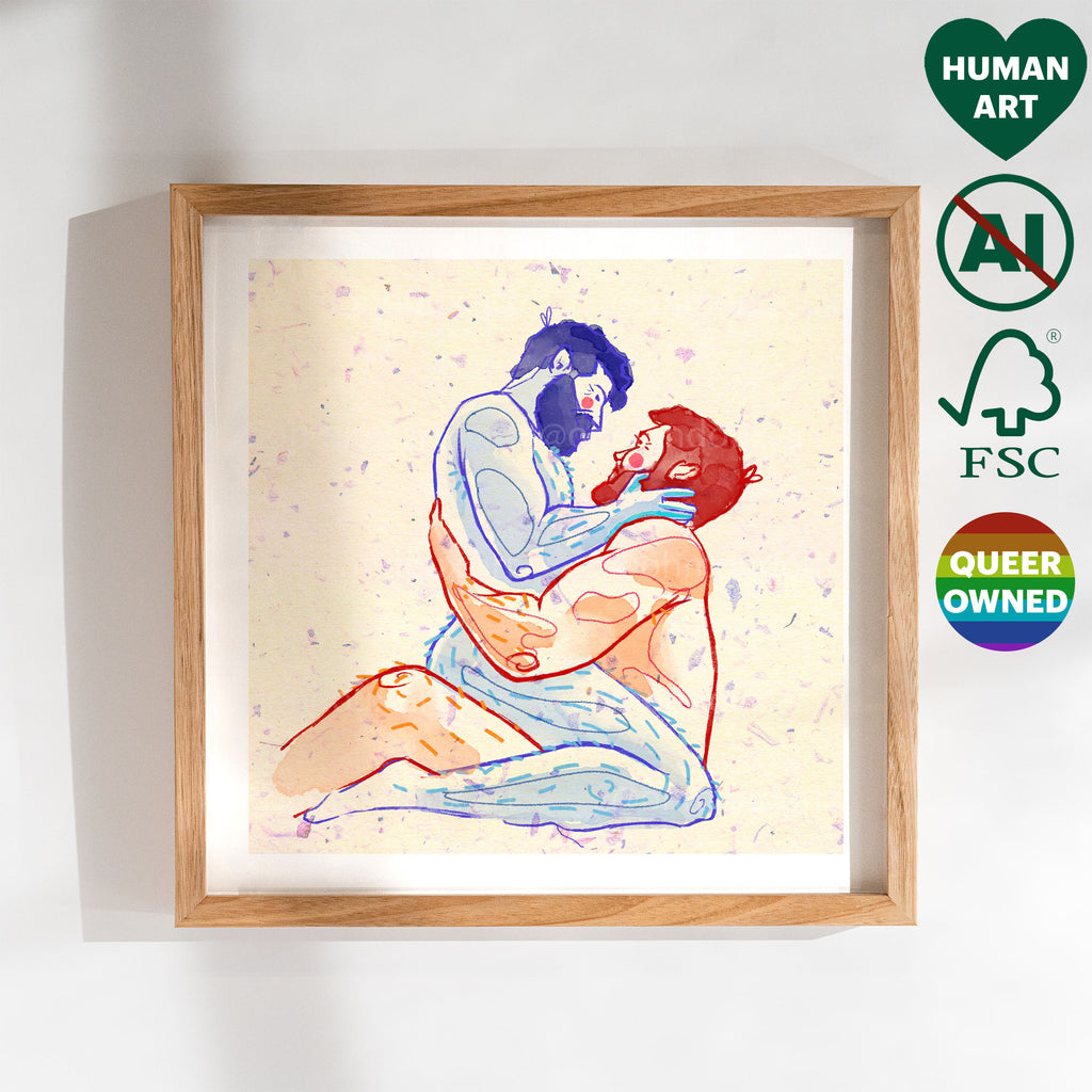 Illustration of two bearded men, one gently blowing in the other's eye. Masculine intimacy, gay art print, minimalist line art.