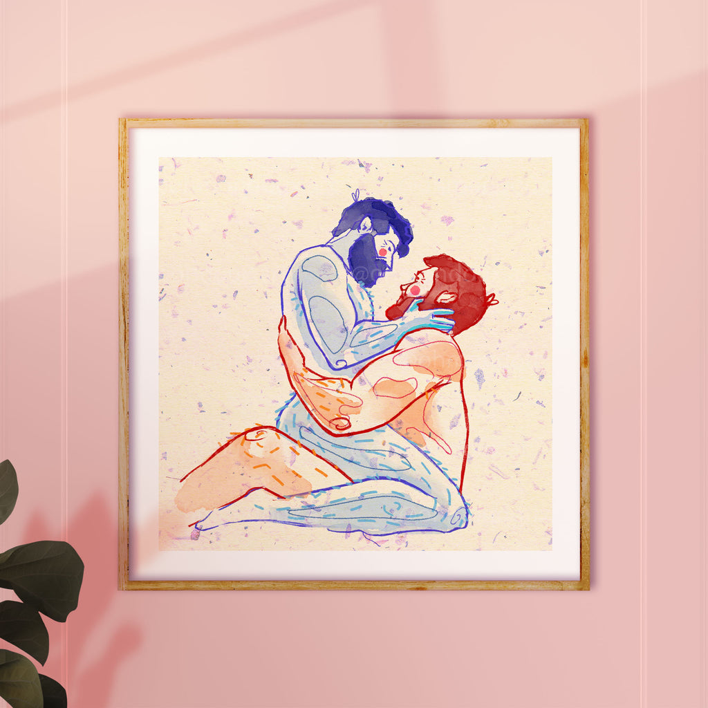 Illustration of two bearded men, one gently blowing in the other's eye. Masculine intimacy, gay art print, minimalist line art.
