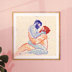 Illustration of two bearded men, one gently blowing in the other's eye. Masculine intimacy, gay art print, minimalist line art.
