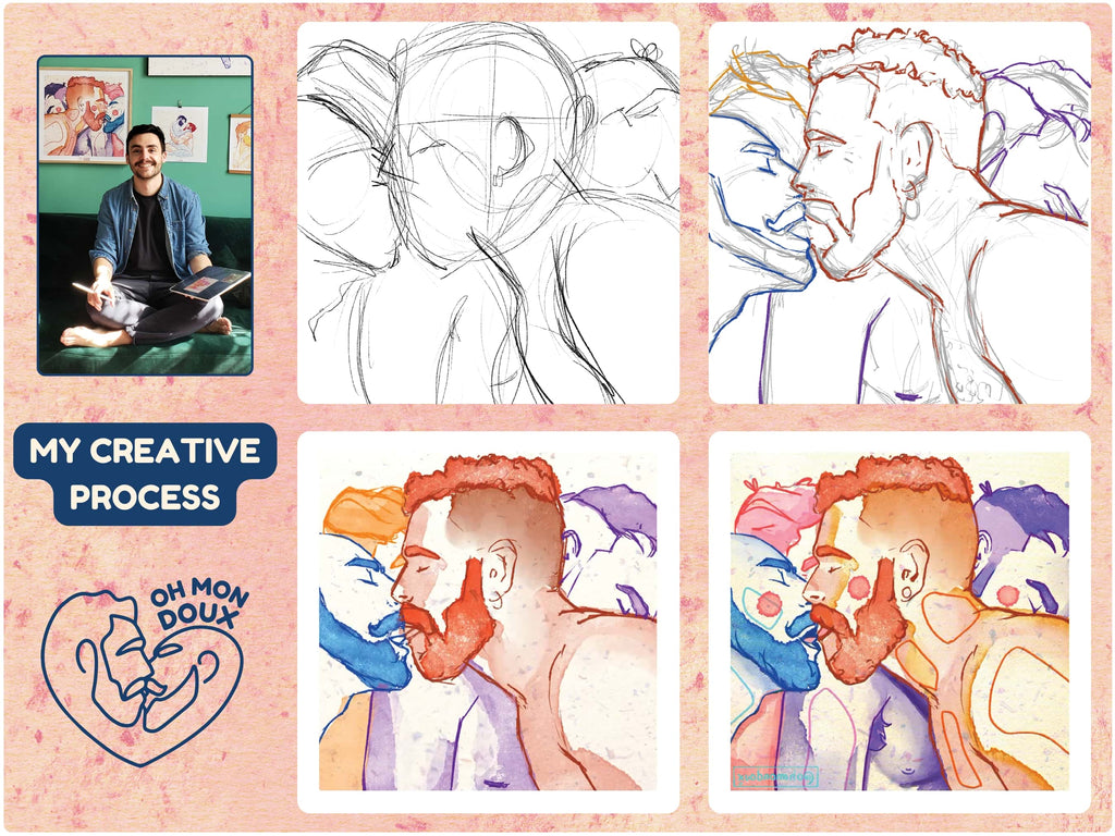 Illustration of two men in profile, nose to nose, a moment of complicity. Gay art print, gay couple drawing, male intimacy art.
