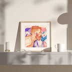Illustration of two men in profile, nose to nose, a moment of complicity. Gay art print, gay couple drawing, male intimacy art.