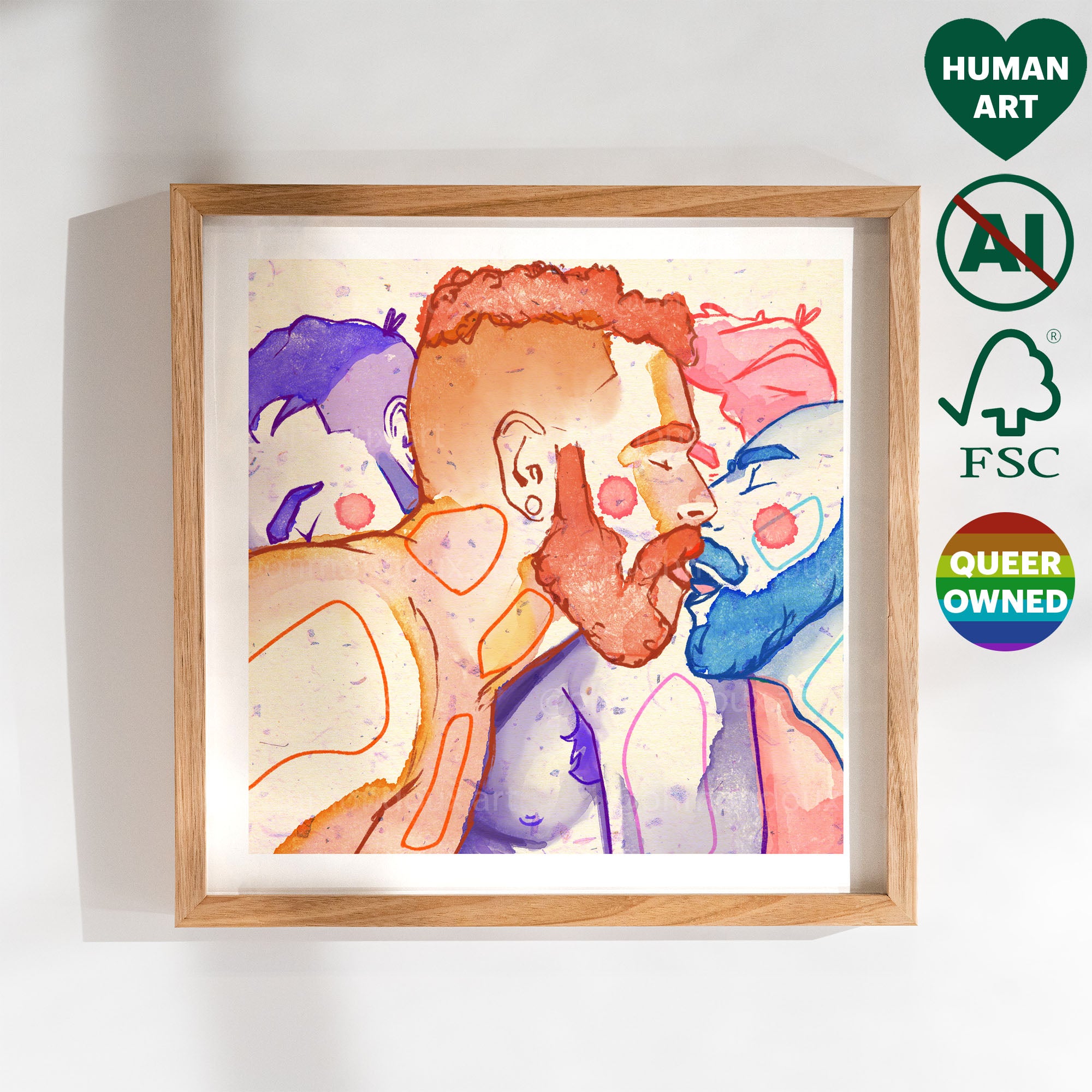 Illustration of two men in profile, nose to nose, a moment of complicity. Gay art print, gay couple drawing, male intimacy art.