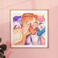 Illustration of two men in profile, nose to nose, a moment of complicity. Gay art print, gay couple drawing, male intimacy art.