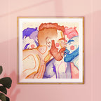 Illustration of two men in profile, nose to nose, a moment of complicity. Gay art print, gay couple drawing, male intimacy art.
