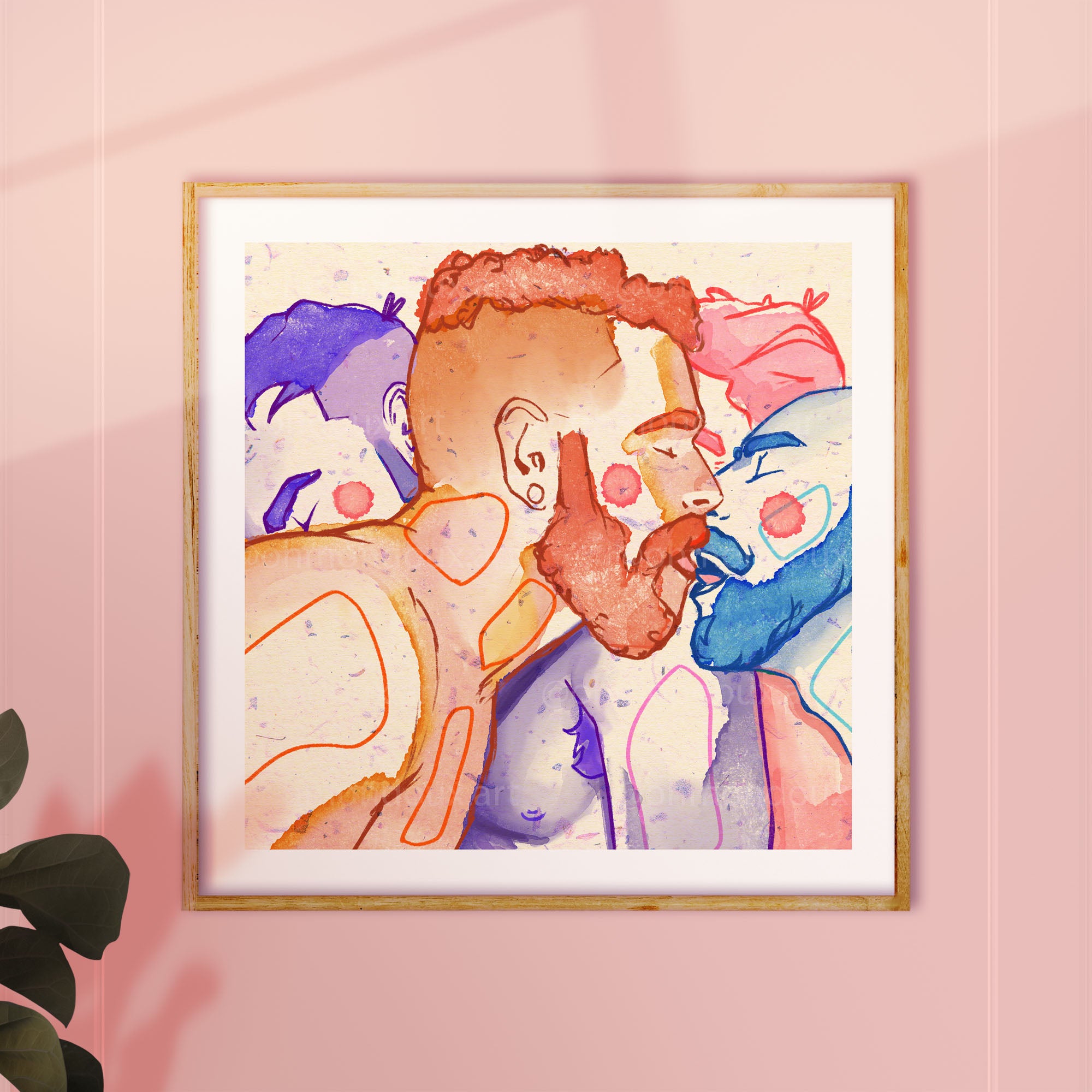 Illustration of two men in profile, nose to nose, a moment of complicity. Gay art print, gay couple drawing, male intimacy art.