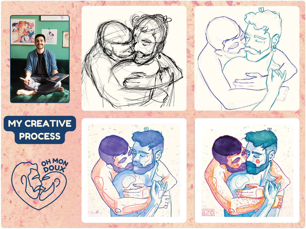 Drawing of two men embracing with emotion, black line on white background. Queer illustration, gay wall art, artwork on male vulnerability.
