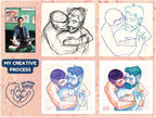 Drawing of two men embracing with emotion, black line on white background. Queer illustration, gay wall art, artwork on male vulnerability.