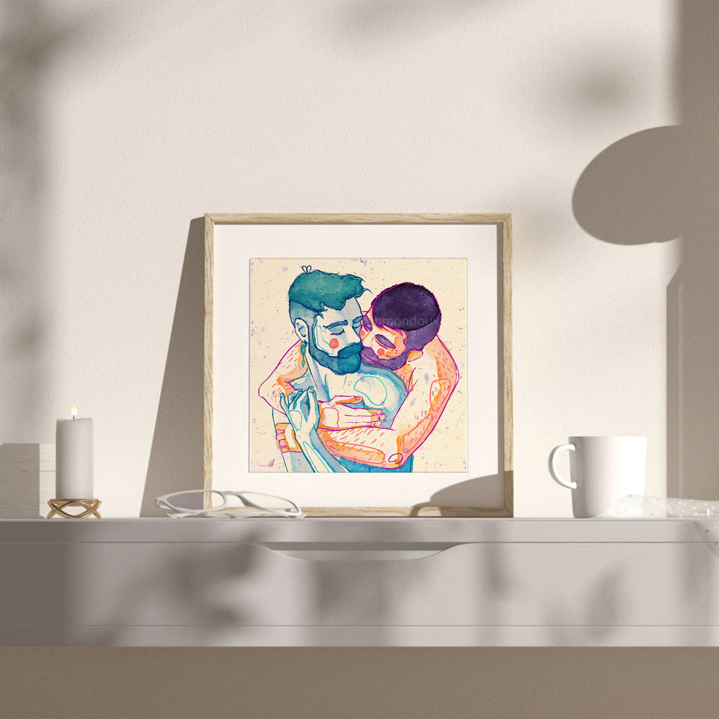 Drawing of two men embracing with emotion, black line on white background. Queer illustration, gay wall art, artwork on male vulnerability.