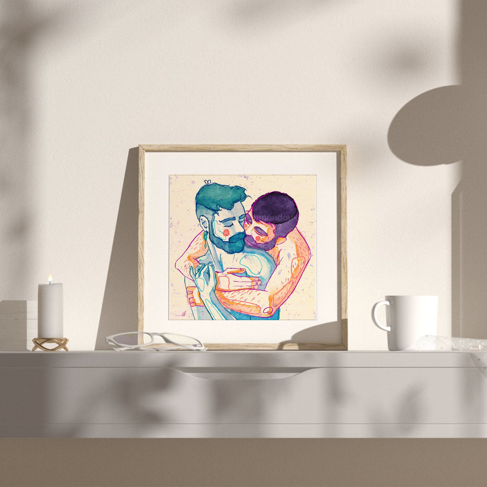 Drawing of two men embracing with emotion, black line on white background. Queer illustration, gay wall art, artwork on male vulnerability.