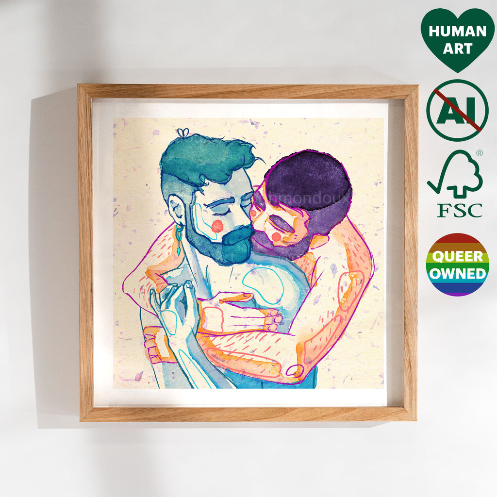Drawing of two men embracing with emotion, black line on white background. Queer illustration, gay wall art, artwork on male vulnerability.