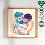 Drawing of two men embracing with emotion, black line on white background. Queer illustration, gay wall art, artwork on male vulnerability.
