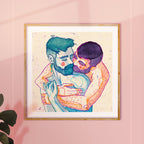 Drawing of two men embracing with emotion, black line on white background. Queer illustration, gay wall art, artwork on male vulnerability.