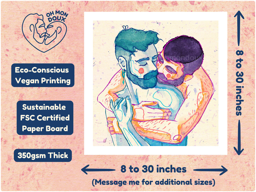 Drawing of two men embracing with emotion, black line on white background. Queer illustration, gay wall art, artwork on male vulnerability.