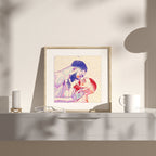 Joyful illustration of a man carrying another man in his arms. Gay art, tender gay erotic drawing, LGBTQ+ Montreal wall decor.