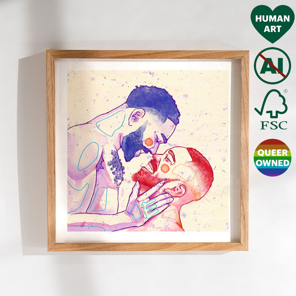 Joyful illustration of a man carrying another man in his arms. Gay art, tender gay erotic drawing, LGBTQ+ Montreal wall decor.