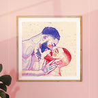 Joyful illustration of a man carrying another man in his arms. Gay art, tender gay erotic drawing, LGBTQ+ Montreal wall decor.