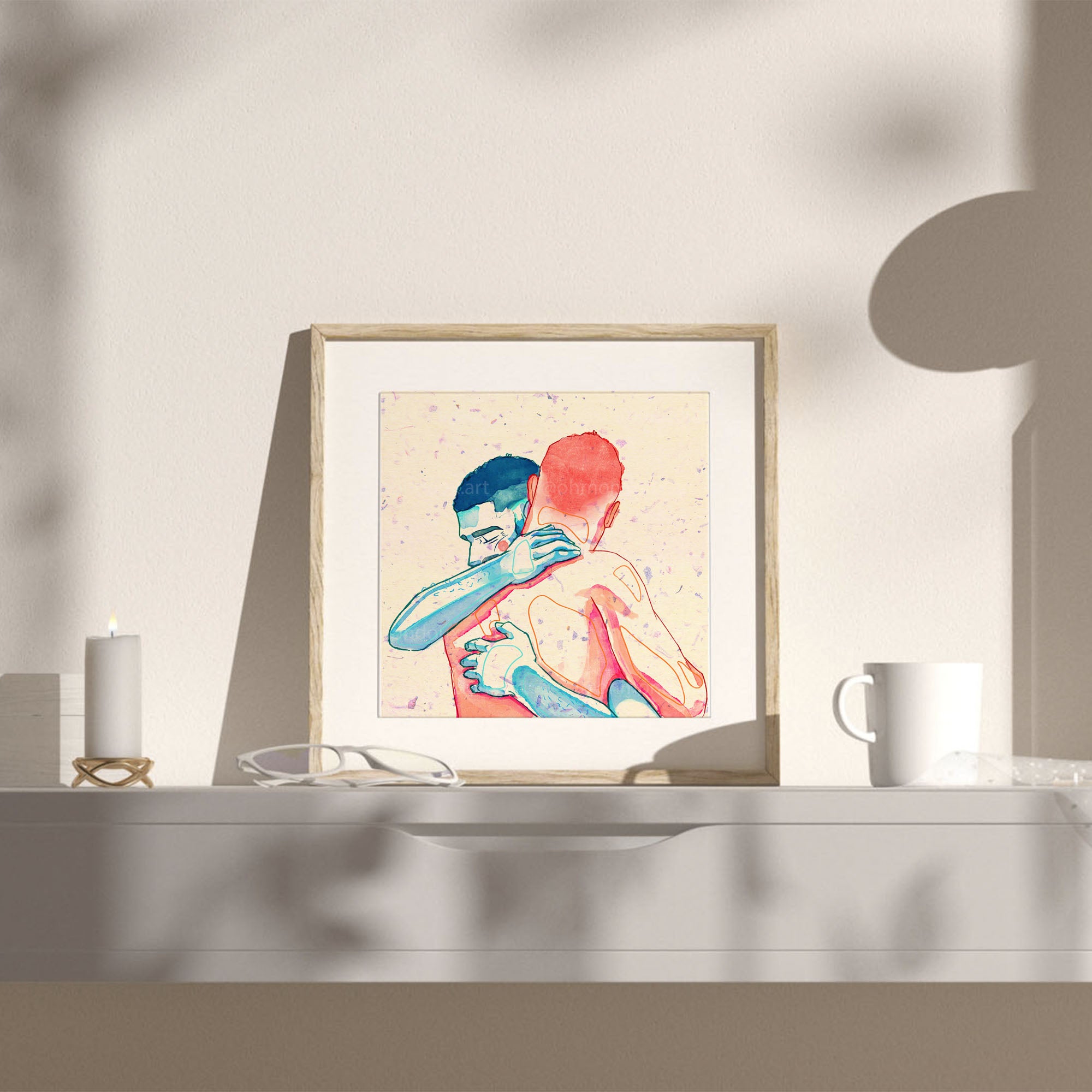 Complex line drawing of three men intertwined, minimalist style. Homoerotic illustration, queer art print, Oh Mon Doux original decor.