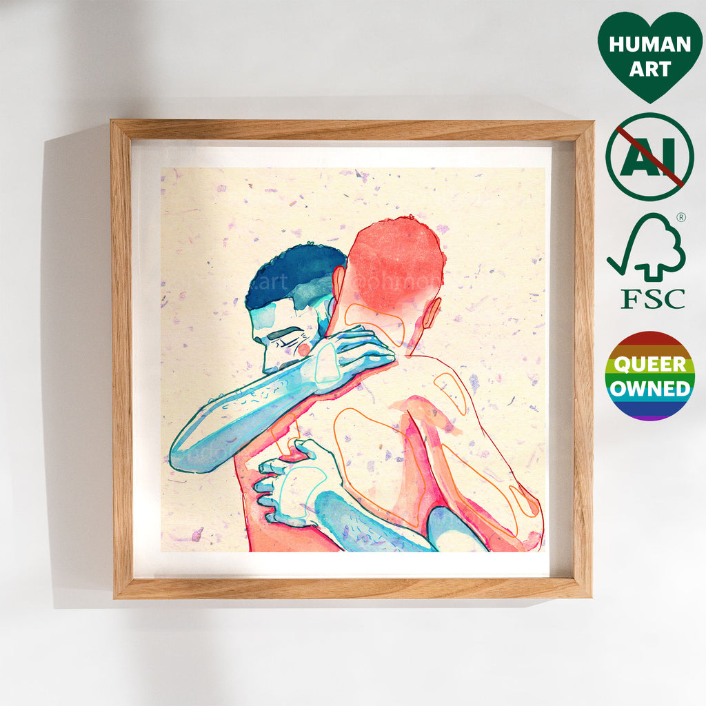 Complex line drawing of three men intertwined, minimalist style. Homoerotic illustration, queer art print, Oh Mon Doux original decor.