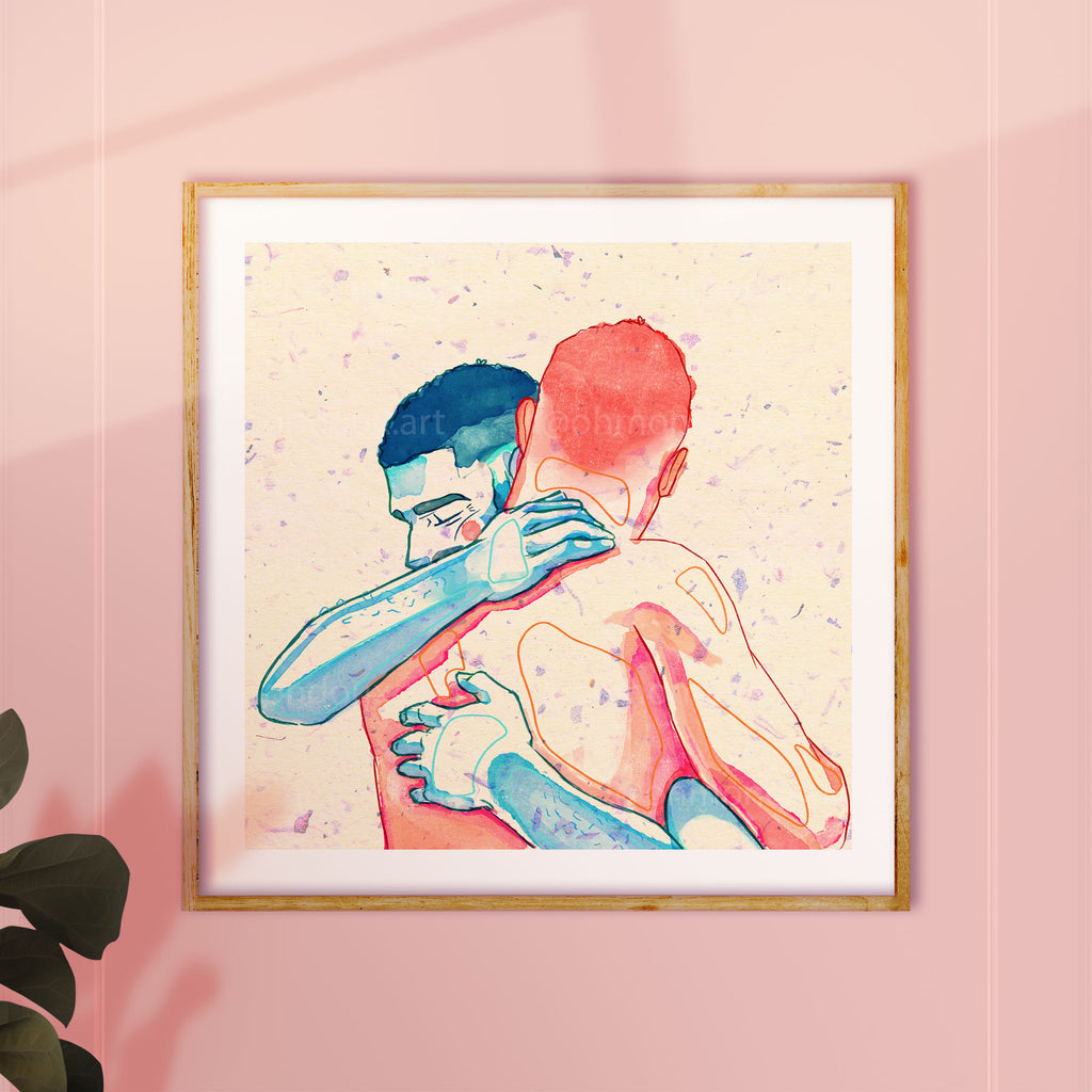 Complex line drawing of three men intertwined, minimalist style. Homoerotic illustration, queer art print, Oh Mon Doux original decor.