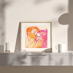 Romantic gay illustration of two men kissing, minimalist line art style, gay wall art print, queer home decor.
