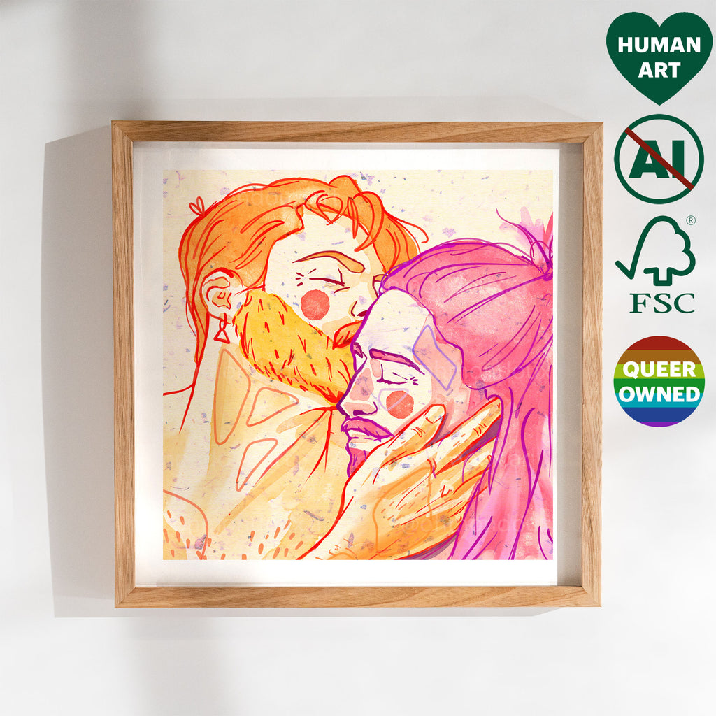 Romantic gay illustration of two men kissing, minimalist line art style, gay wall art print, queer home decor.
