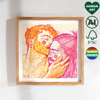 Romantic gay illustration of two men kissing, minimalist line art style, gay wall art print, queer home decor.