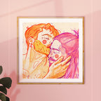 Romantic gay illustration of two men kissing, minimalist line art style, gay wall art print, queer home decor.