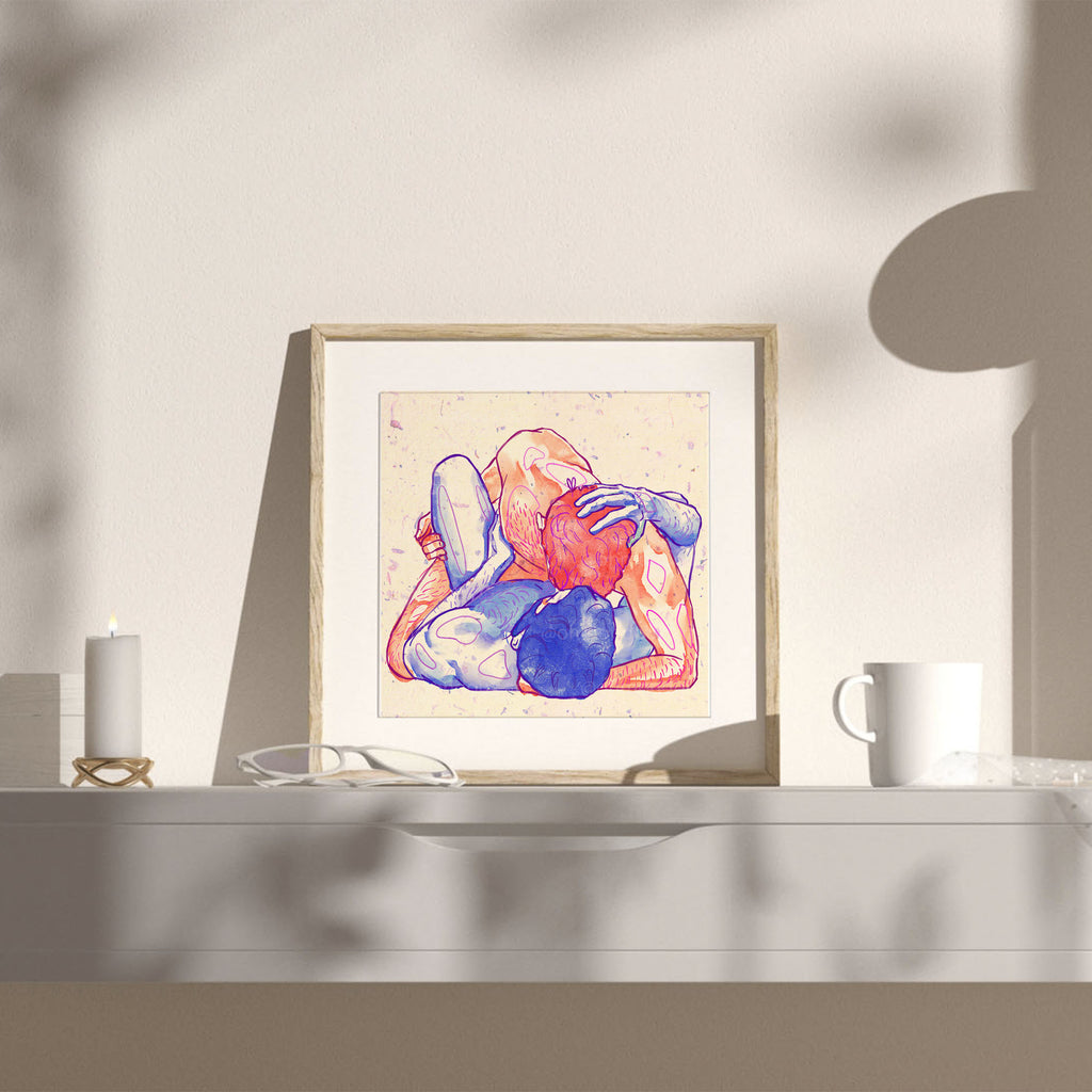 Minimalist line drawing of three men in an intimate embrace, polyamory art, gay erotic art, queer illustration Oh Mon Doux.