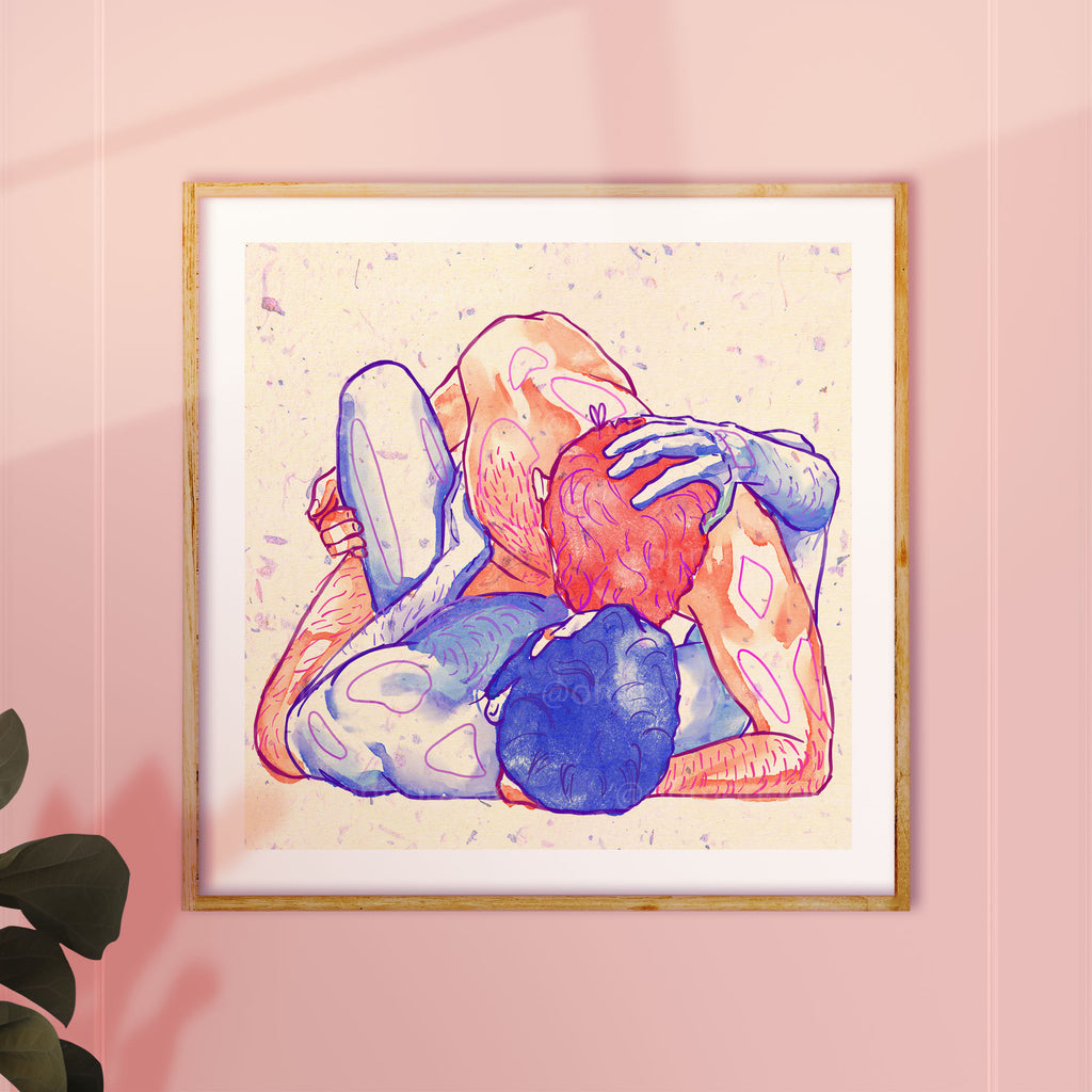 Minimalist line drawing of three men in an intimate embrace, polyamory art, gay erotic art, queer illustration Oh Mon Doux.