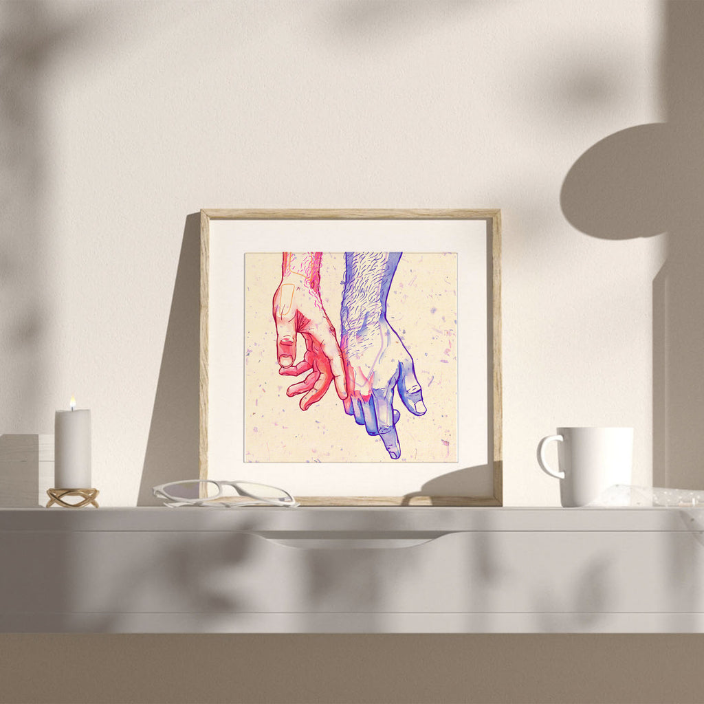 Close-up sketch of a sensual touch between two men, male intimacy drawing, gay erotic wall art, homoerotic art print.