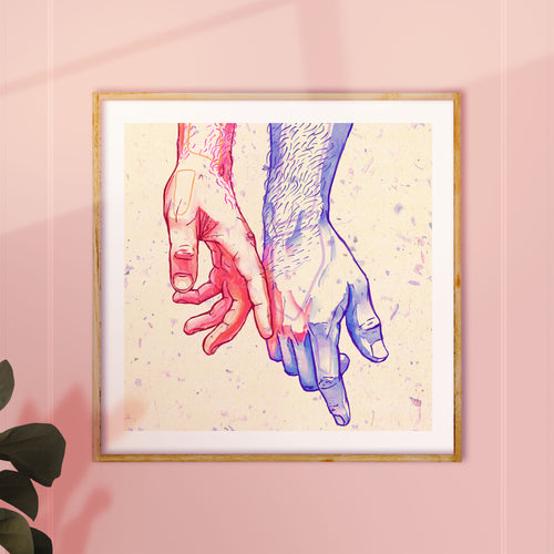 Close-up sketch of a sensual touch between two men, male intimacy drawing, gay erotic wall art, homoerotic art print.