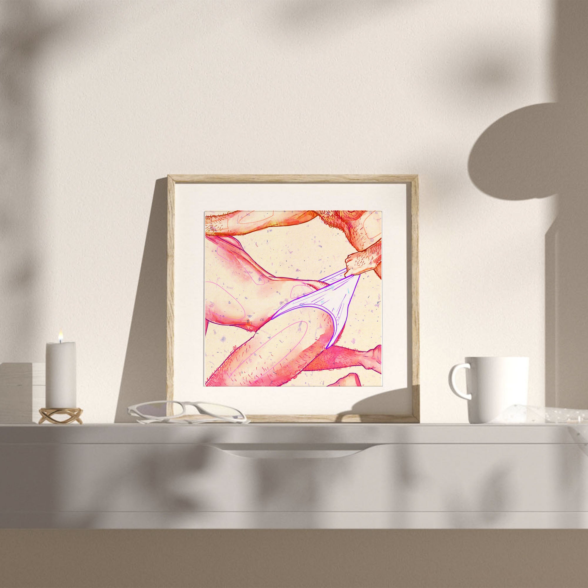 Playful and erotic gay illustration of an intimate moment, black and white sketch, gay art print, masculine energy decor.